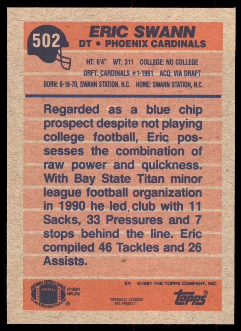 1991 Topps Eric Swann Rookie Phoenix Cardinals #502