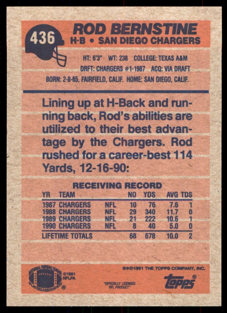 1991 Topps Rod Bernstine San Diego Chargers #436