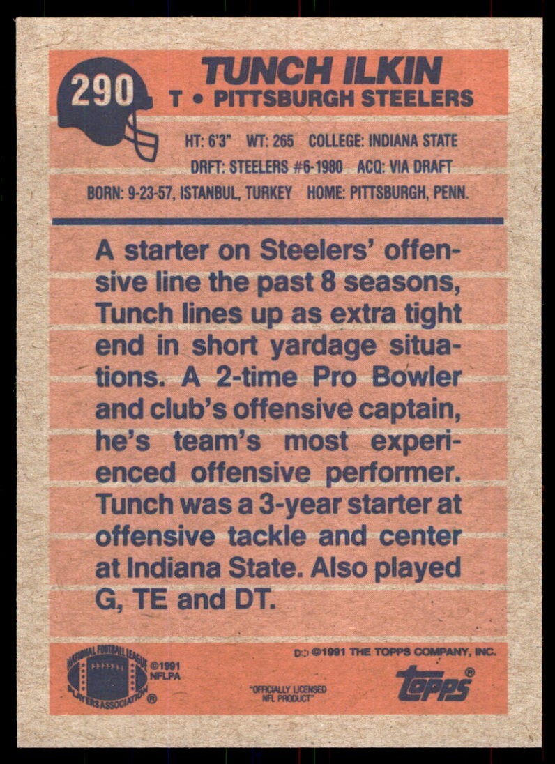 1991 Topps Tunch Ilkin Pittsburgh Steelers #290