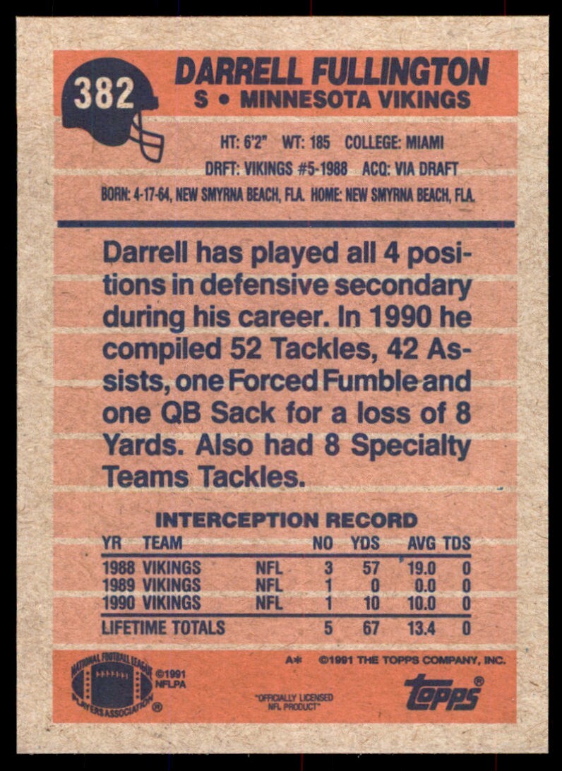 1991 Topps Darrell Fullington Minnesota Vikings #382