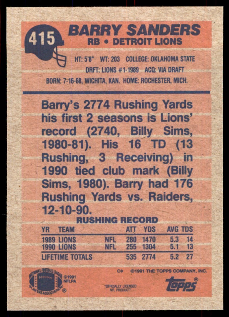 1991 Topps Barry Sanders Detroit Lions #415