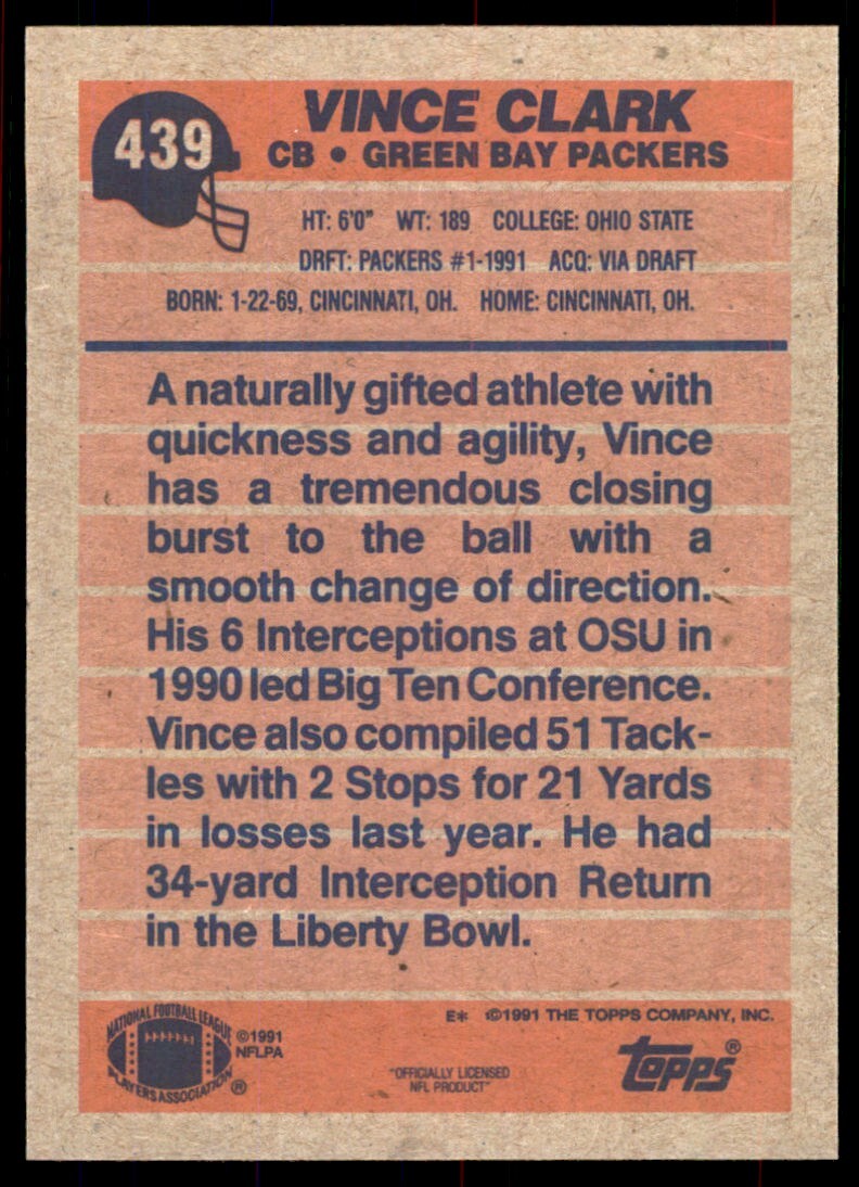 1991 Topps Vince Clark Rookie Green Bay Packers #439