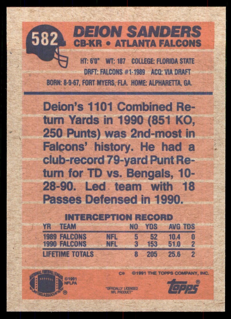 1991 Topps Deion Sanders Atlanta Falcons #582