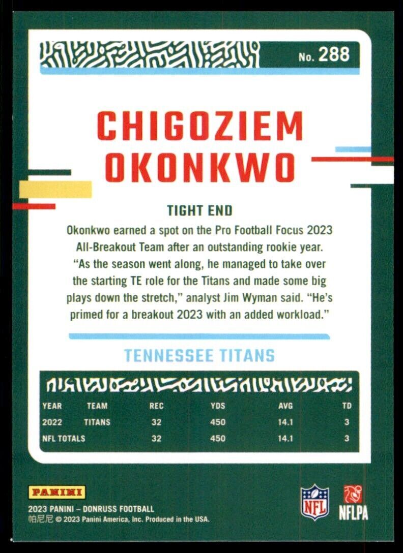 2023 Donruss Chigoziem Okonkwo Tennessee Titans #288