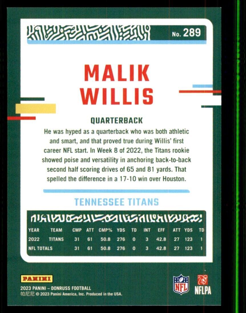 2023 Donruss Malik Willis Tennessee Titans #289