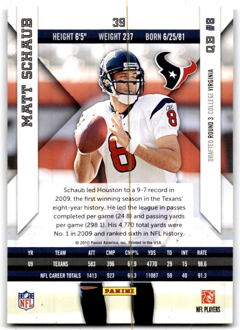2010 Panini Epix Matt Schaub Houston Texans #39