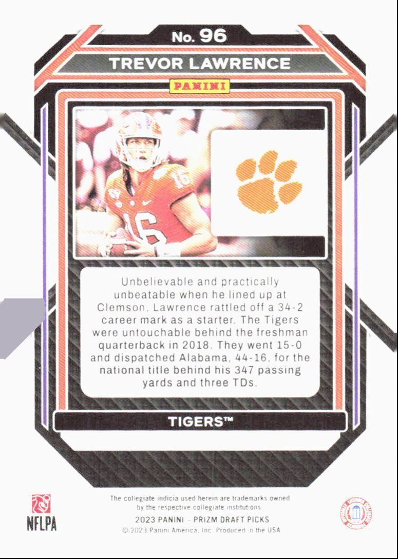 2023 Panini Prizm Draft Picks Trevor Lawrence Clemson Tigers #96