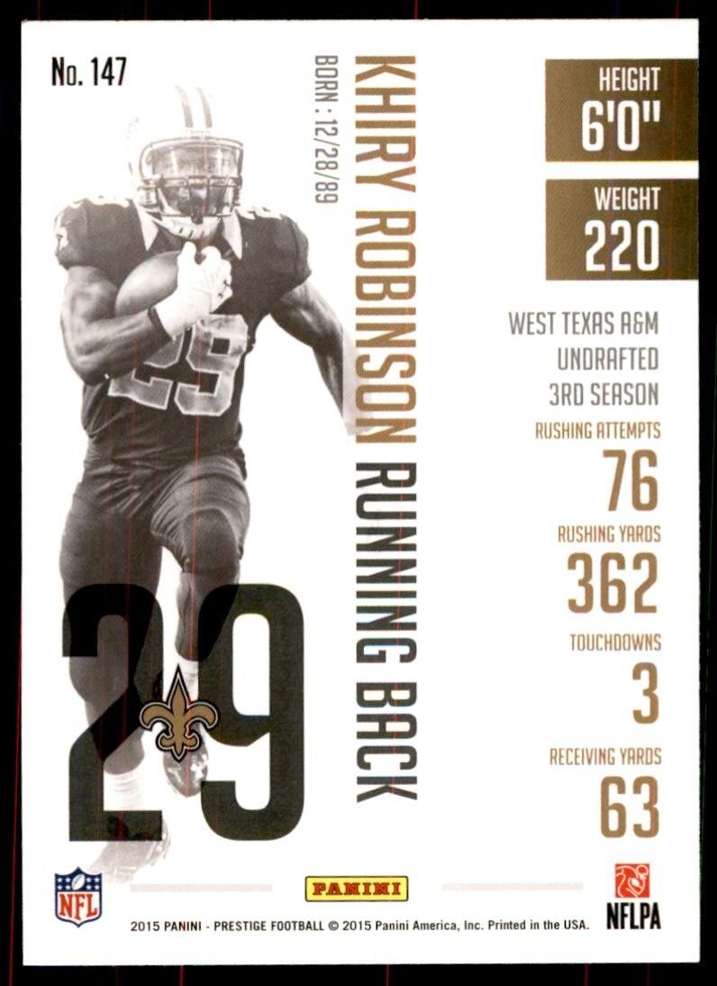2015 Panini Prestige Khiry Robinson New Orleans Saints #147