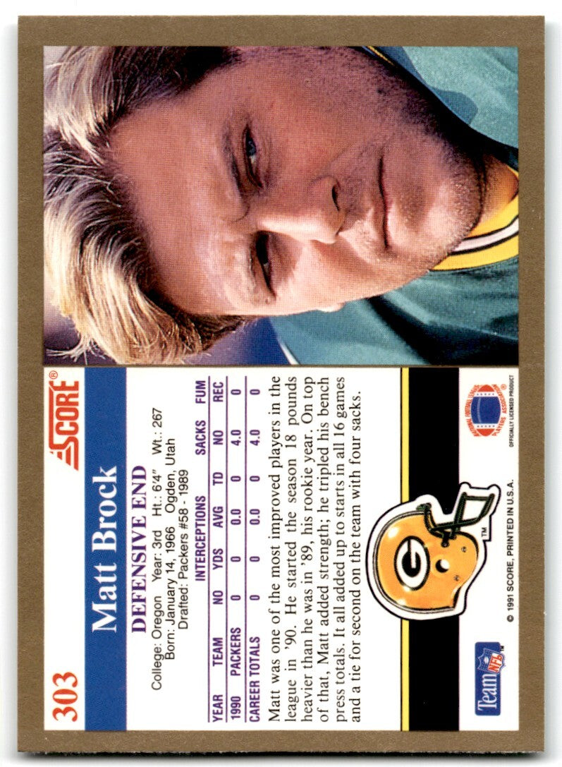 1991 Score Matt Brock Rookie Green Bay Packers #303