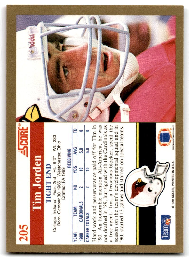 1991 Score Tim Jorden Rookie Phoenix Cardinals #205