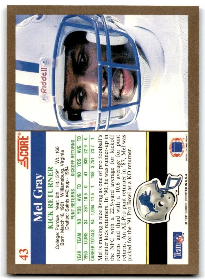 1991 Score Mel Gray Detroit Lions #43