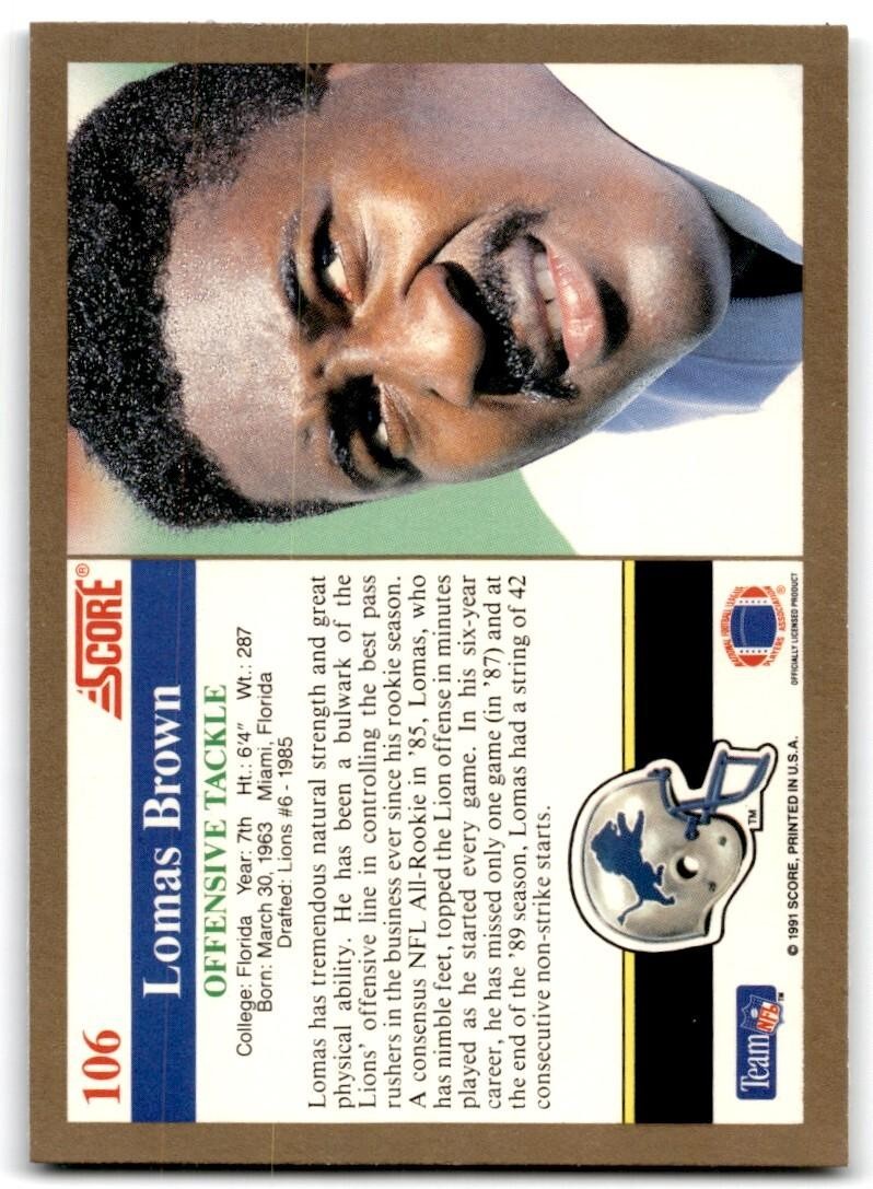 1991 Score Lomas Brown Detroit Lions #106