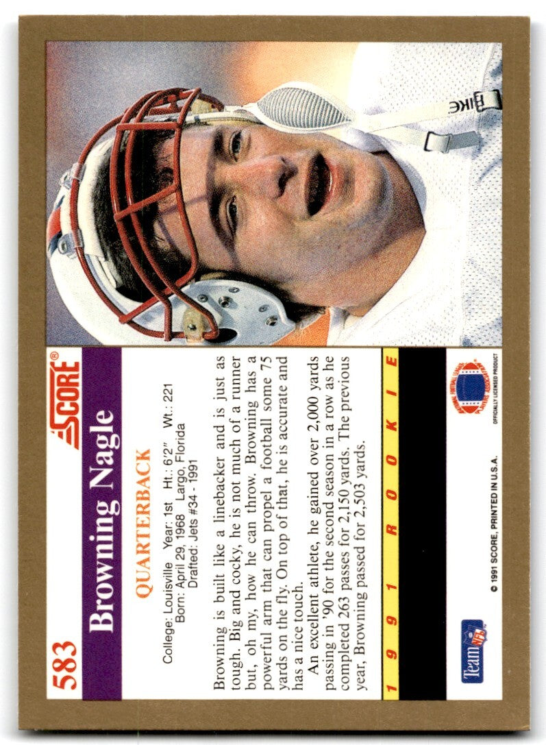 1991 Score Browning Nagle Rookie New York Jets #583