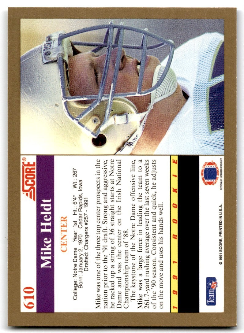 1991 Score Mike Heldt Rookie San Diego Chargers #610