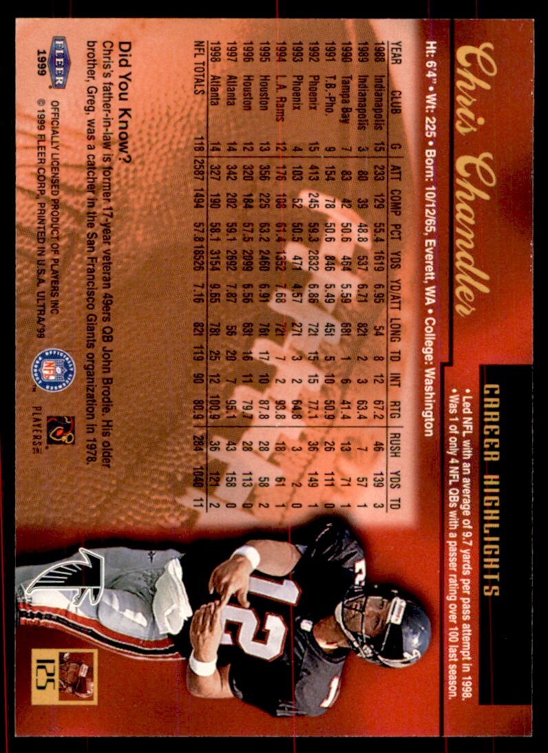 1999 Fleer Ultra Chris Chandler Atlanta Falcons #125