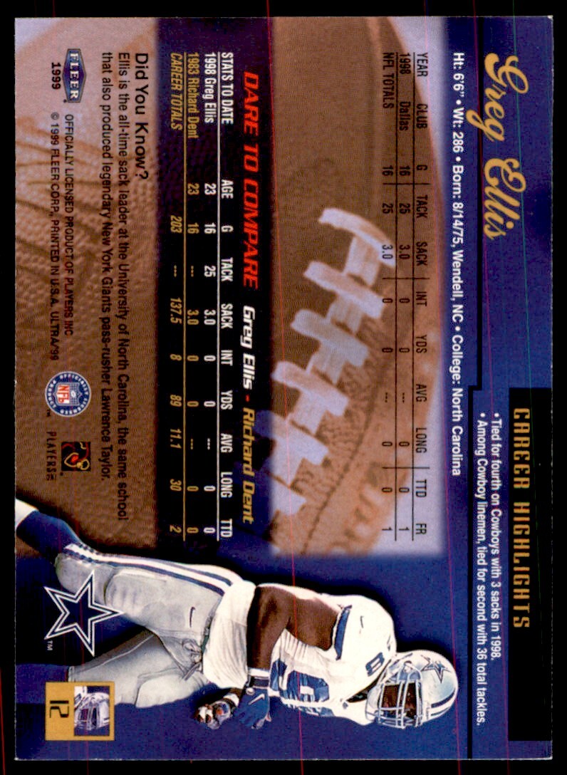 1999 Fleer Ultra Greg Ellis Rookie Dallas Cowboys #12