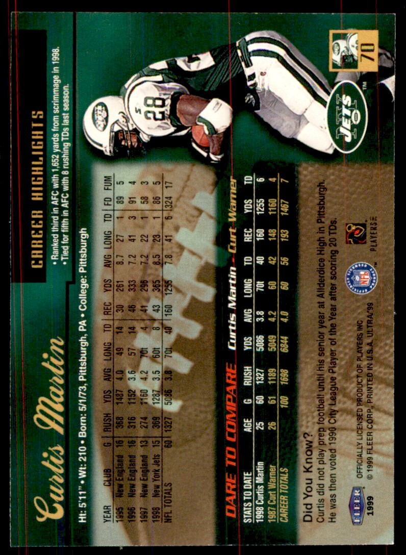 1999 Fleer Ultra Curtis Martin New York Jets #70