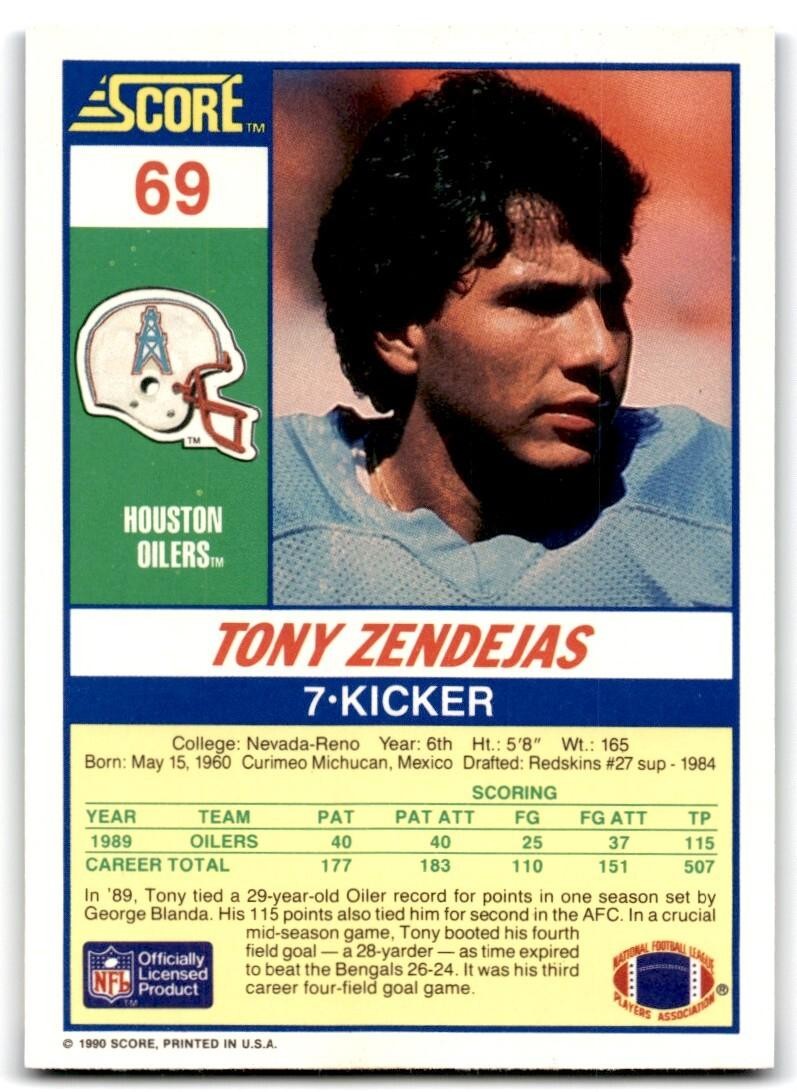 1990 Score Tony Zendejas Houston Oilers #69