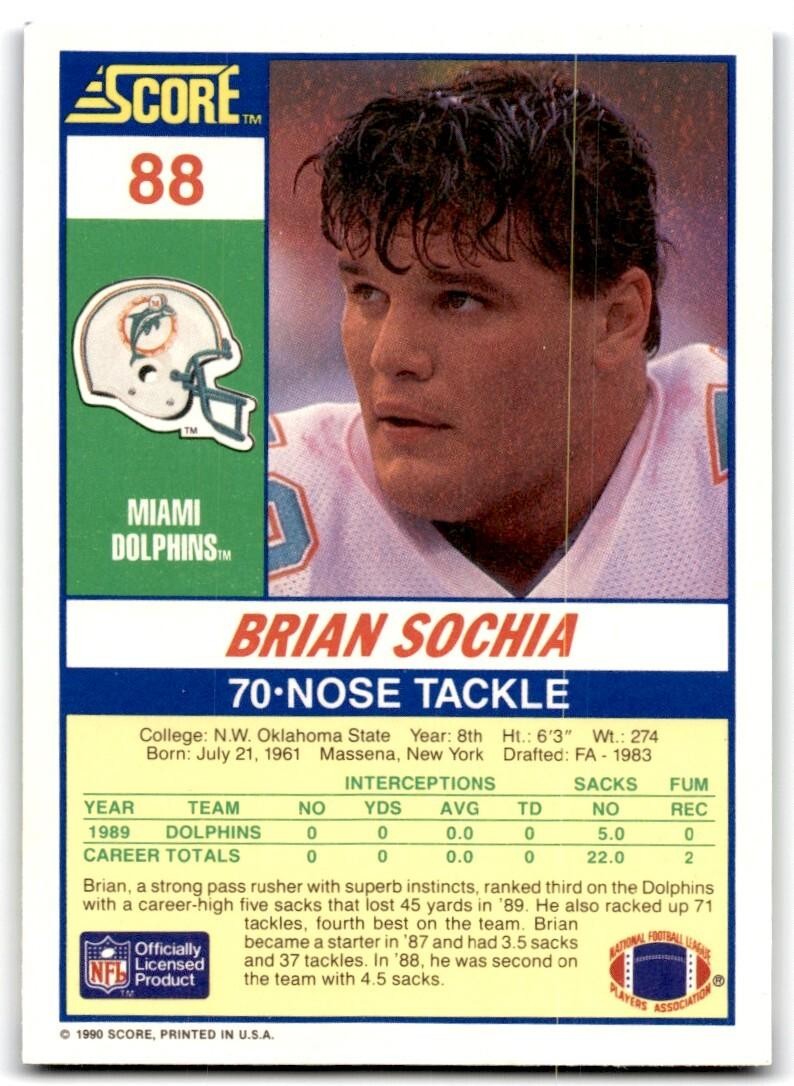 1990 Score Brian Sochia Miami Dolphins #88