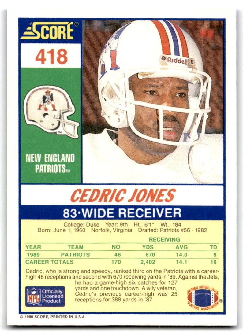 1990 Score Cedric Jones Rookie New England Patriots #418