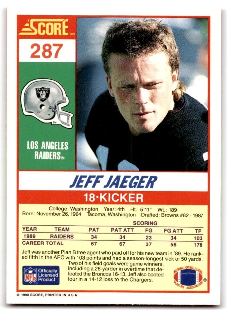 1990 Score Jeff Jaeger Rookie Los Angeles Raiders #287