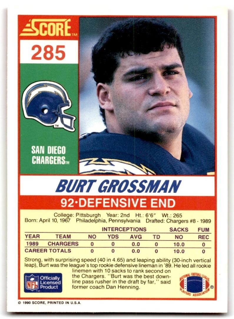 1990 Score Burt Grossman San Diego Chargers #285