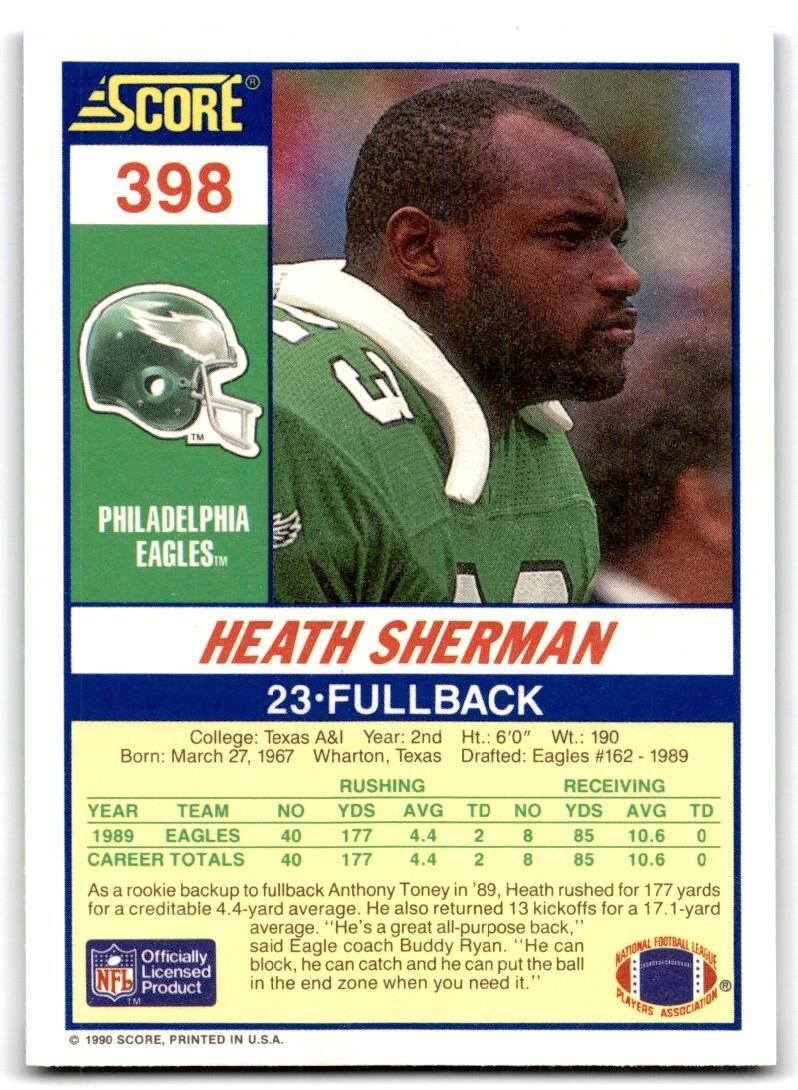 1990 Score Heath Sherman Rookie Philadelphia Eagles #398