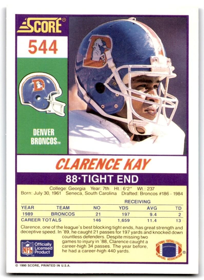 1990 Score Clarence Kay Denver Broncos #544
