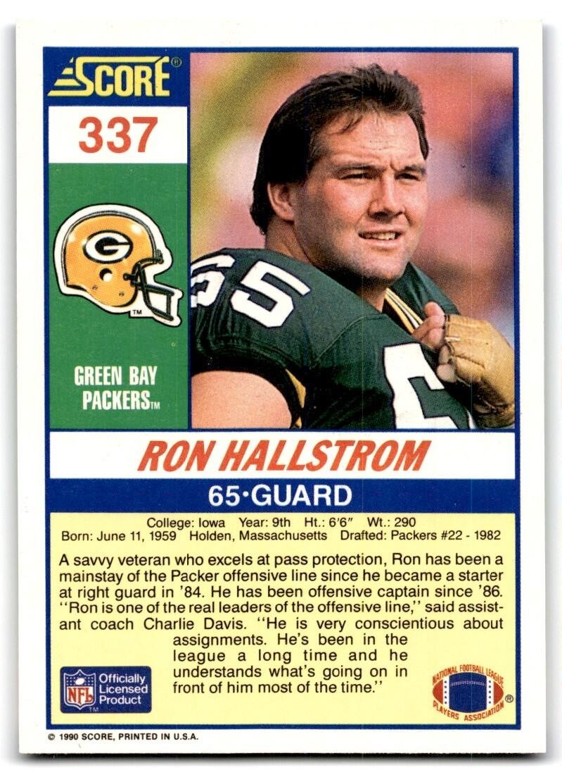 1990 Score Ron Hallstrom Rookie Green Bay Packers #337