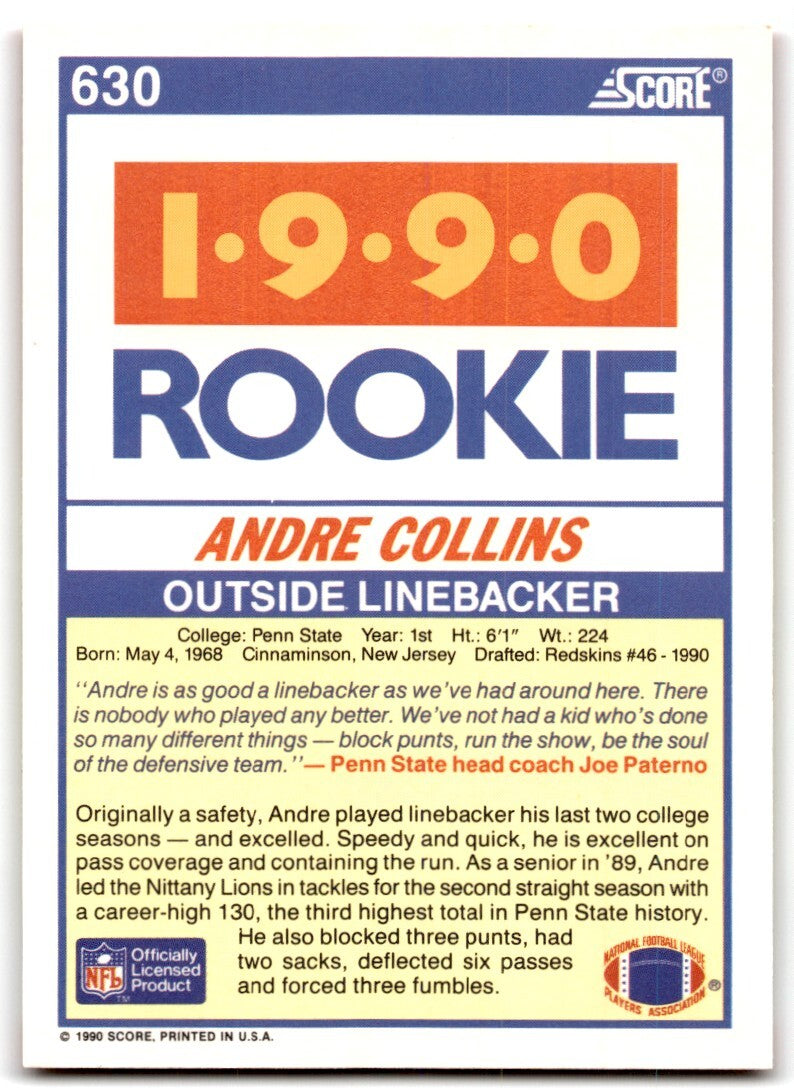 1990 Score Andre Collins Rookie Washington Redskins #630