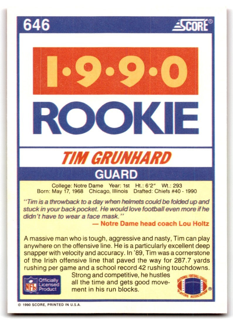 1990 Score Tim Grunhard Rookie Kansas City Chiefs #646