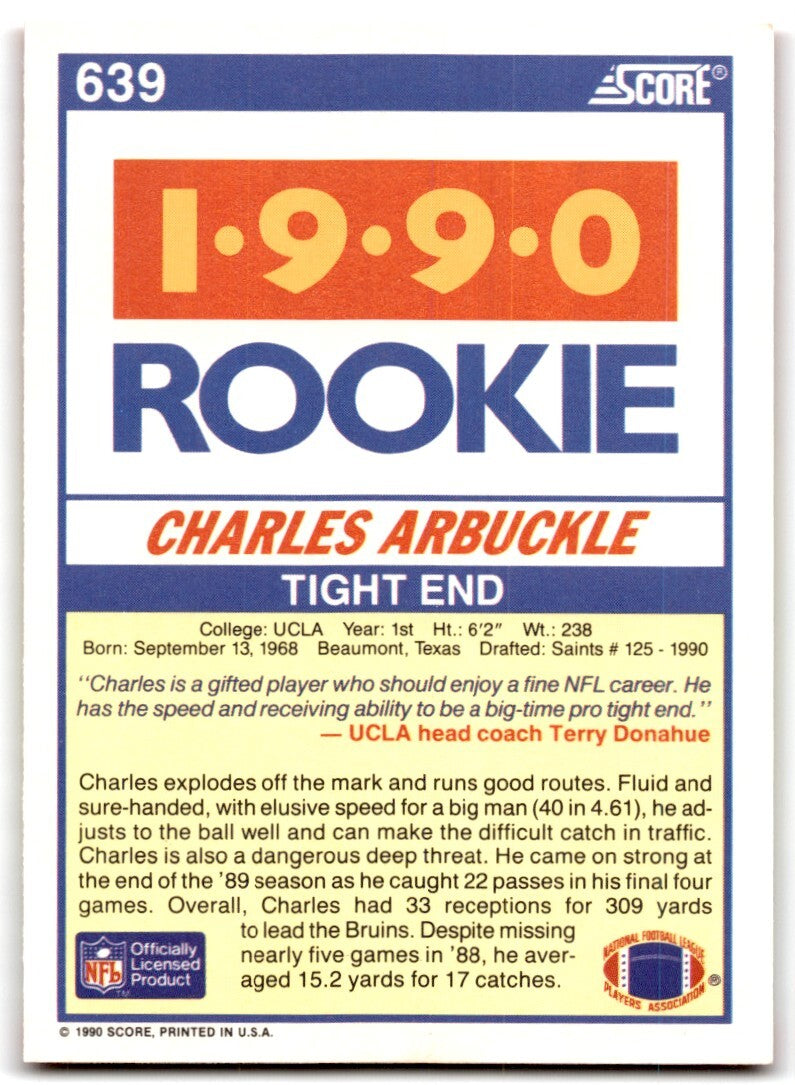 1990 Score Charles Arbuckle Rookie New Orleans Saints #639