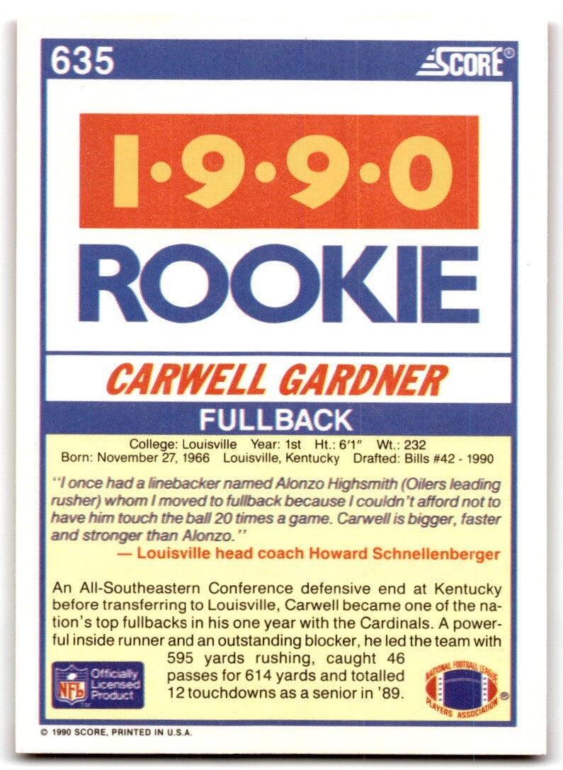 1990 Score Carwell Gardner Rookie Buffalo Bills #635