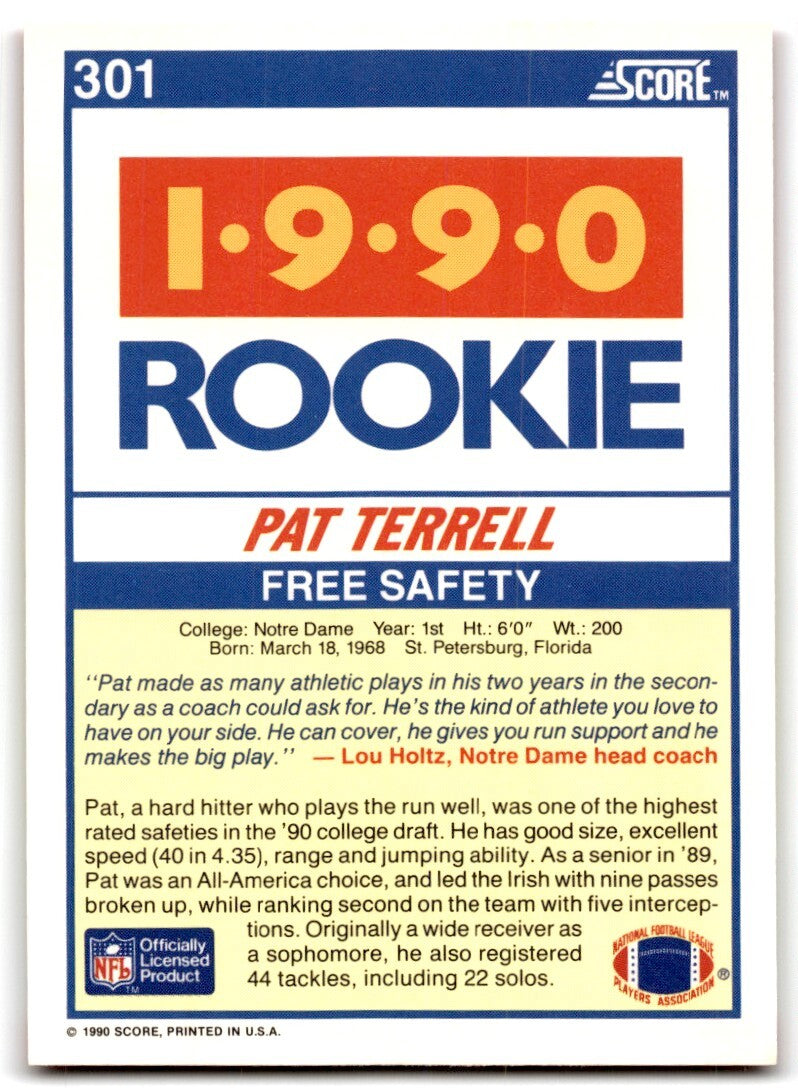 1990 Score Pat Terrell Rookie Notre Dame Fighting Irish #301