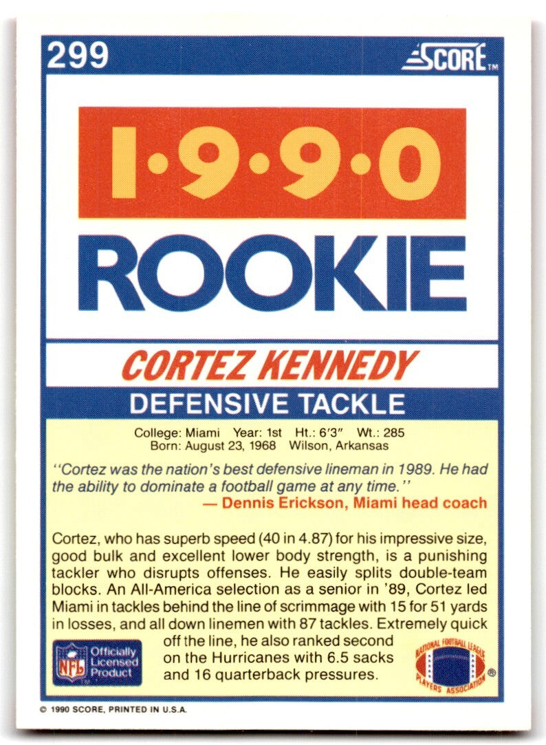 1990 Score Cortez Kennedy Rookie Miami Hurricanes #299