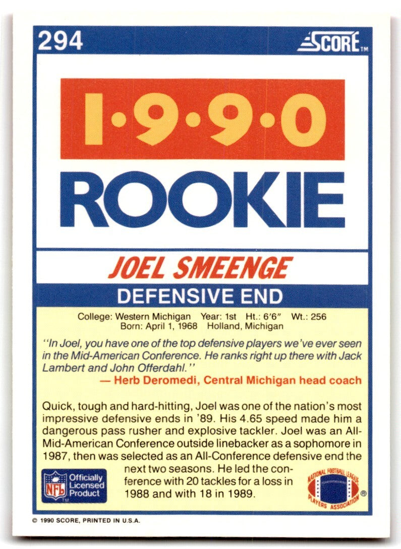 1990 Score Joel Smeenge Rookie Western Michigan Broncos #294