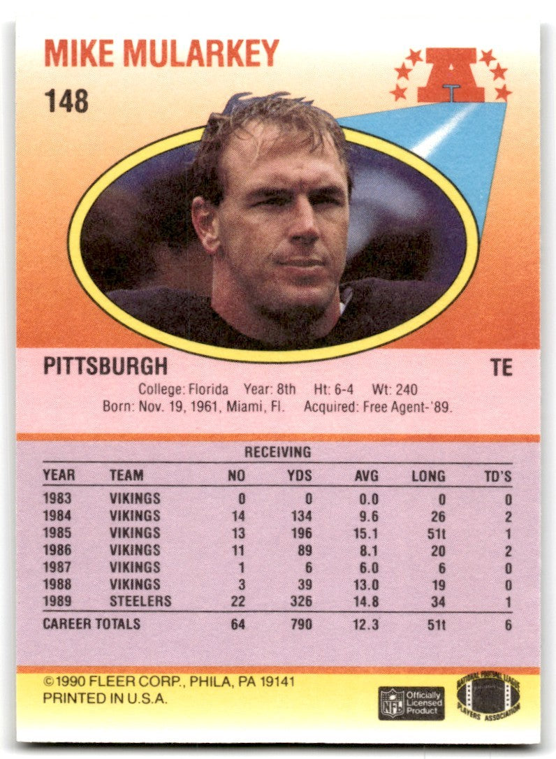 1990 Fleer Mike Mularkey Rookie Pittsburgh Steelers #148
