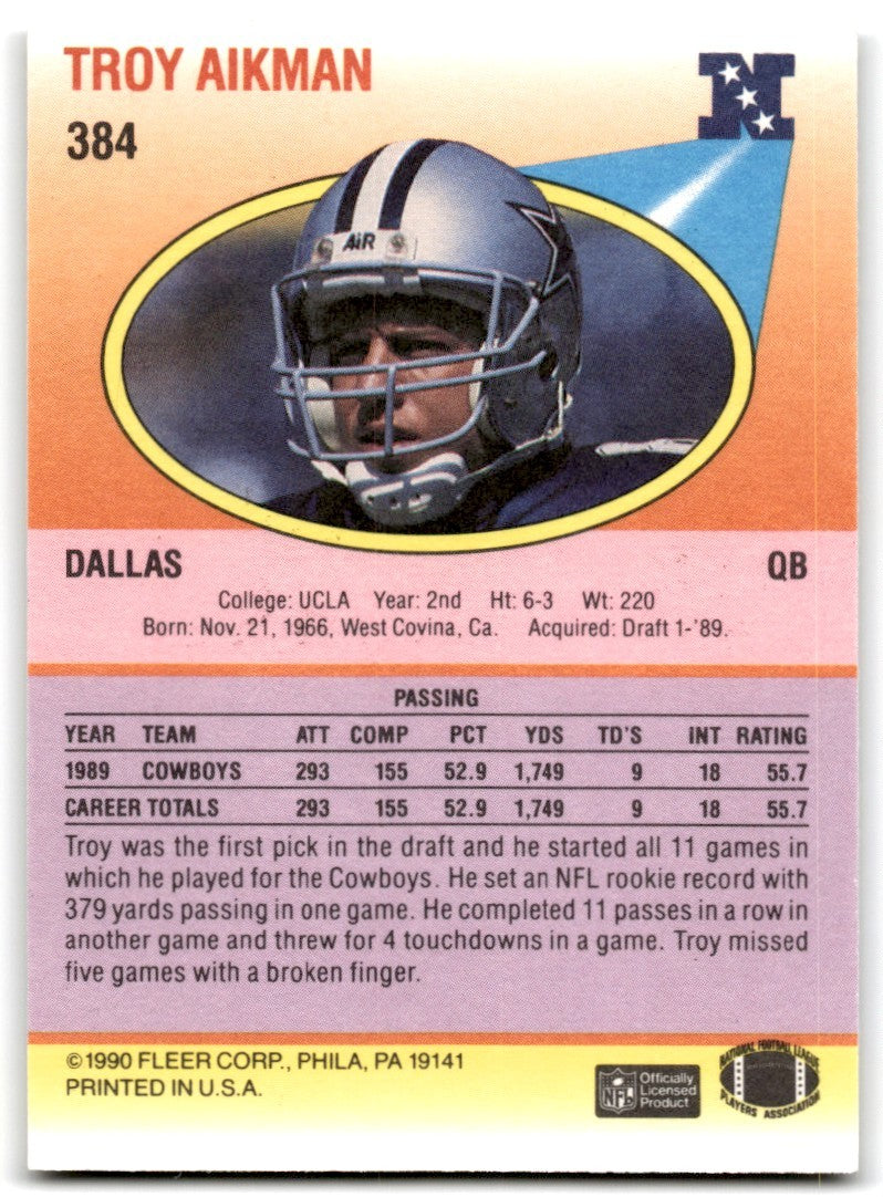1990 Fleer Troy Aikman Dallas Cowboys #384