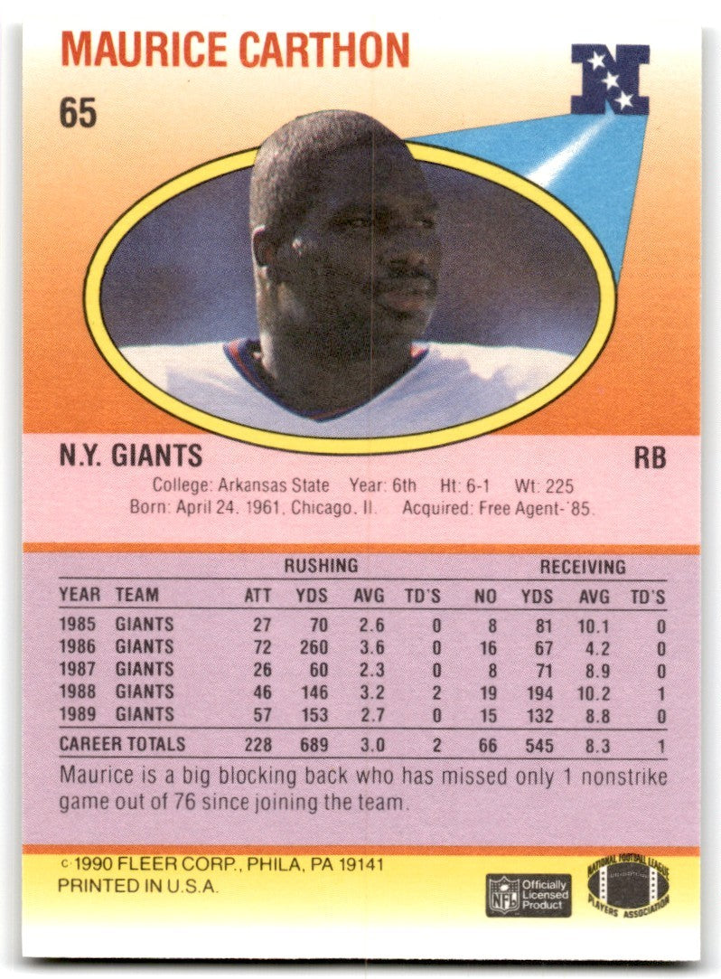 1990 Fleer Maurice Carthon New York Giants #65