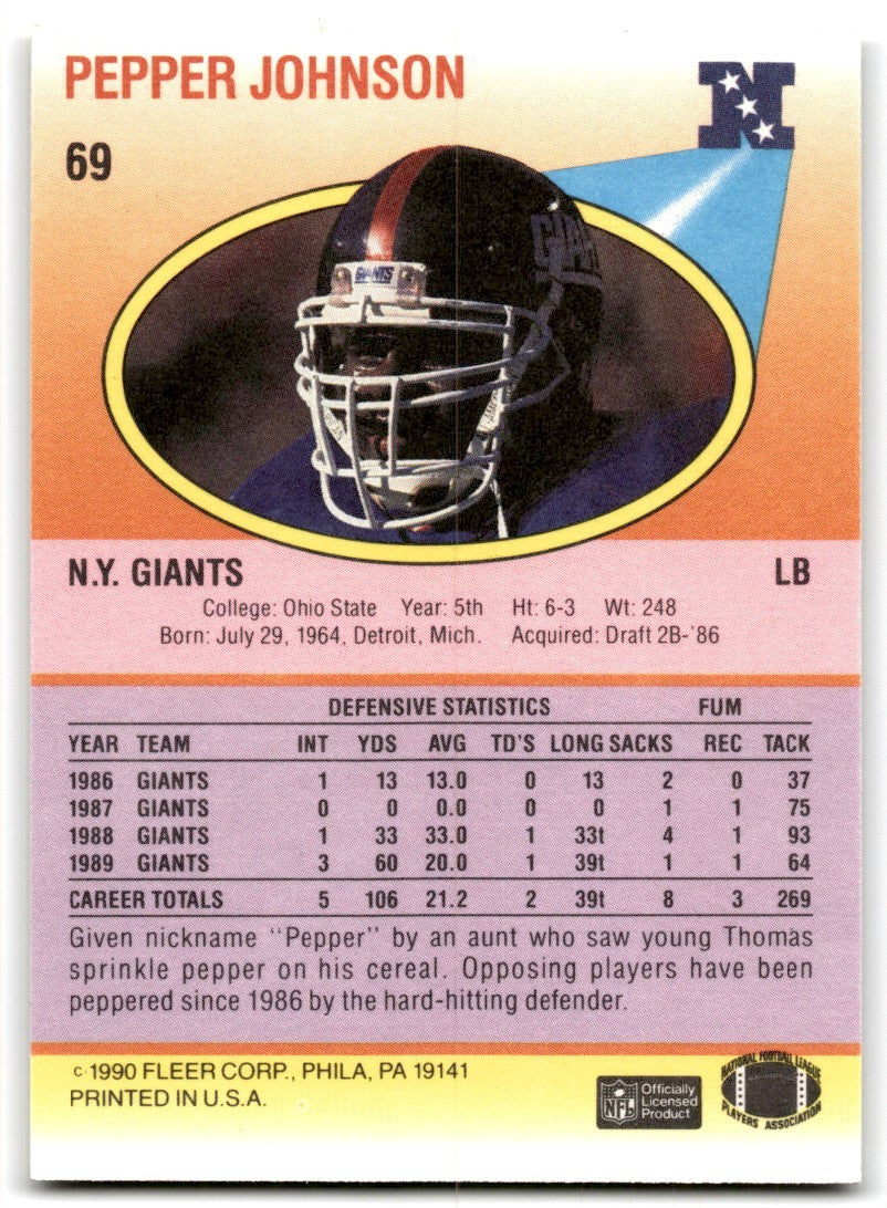 1990 Fleer Pepper Johnson New York Giants #69