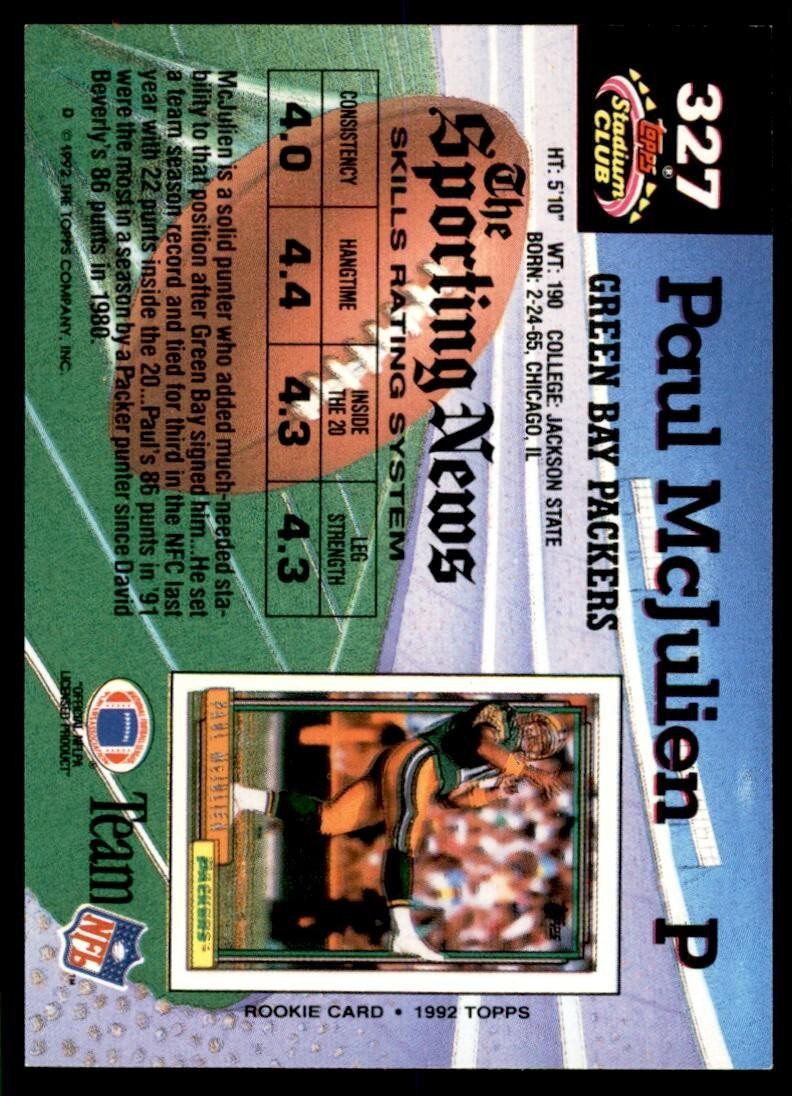 1992 Stadium Club Paul McJulien Football Cards #327