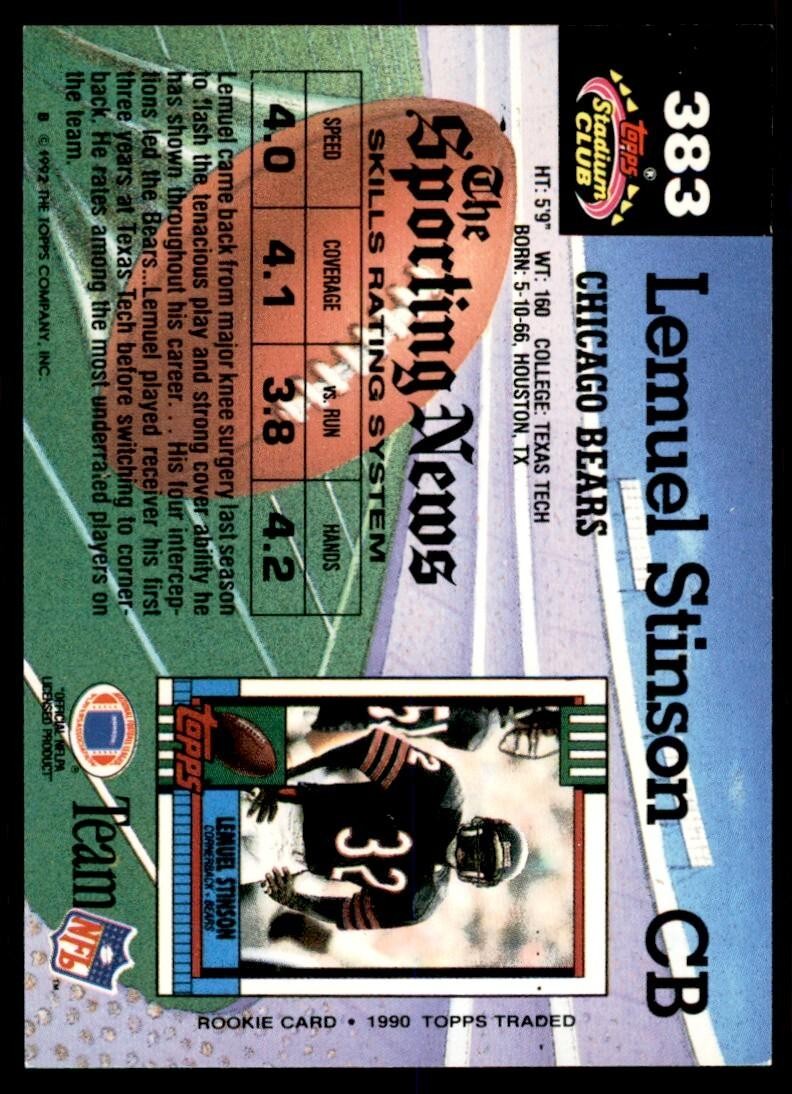 1992 Stadium Club Lemuel Stinson Football Cards #383