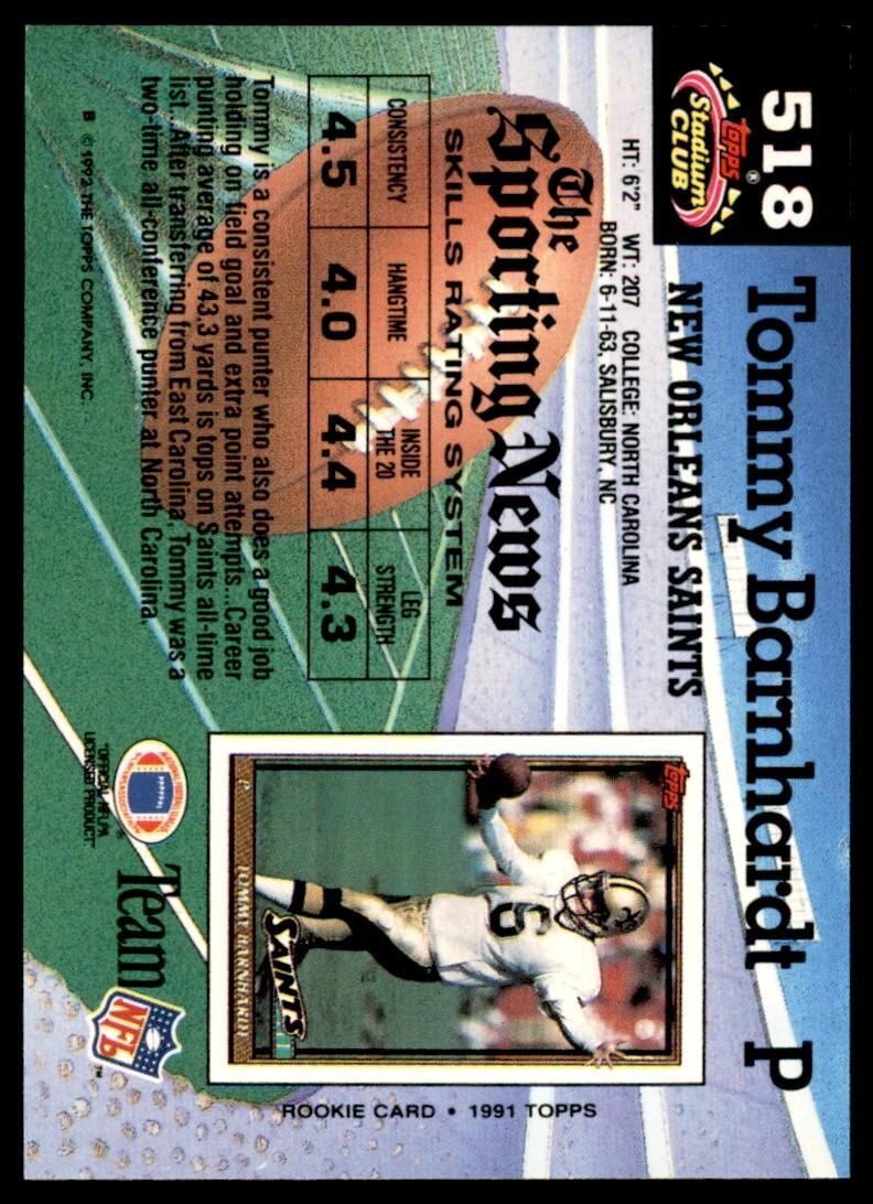 1992 Stadium Club Tommy Barnhardt Football Cards #518