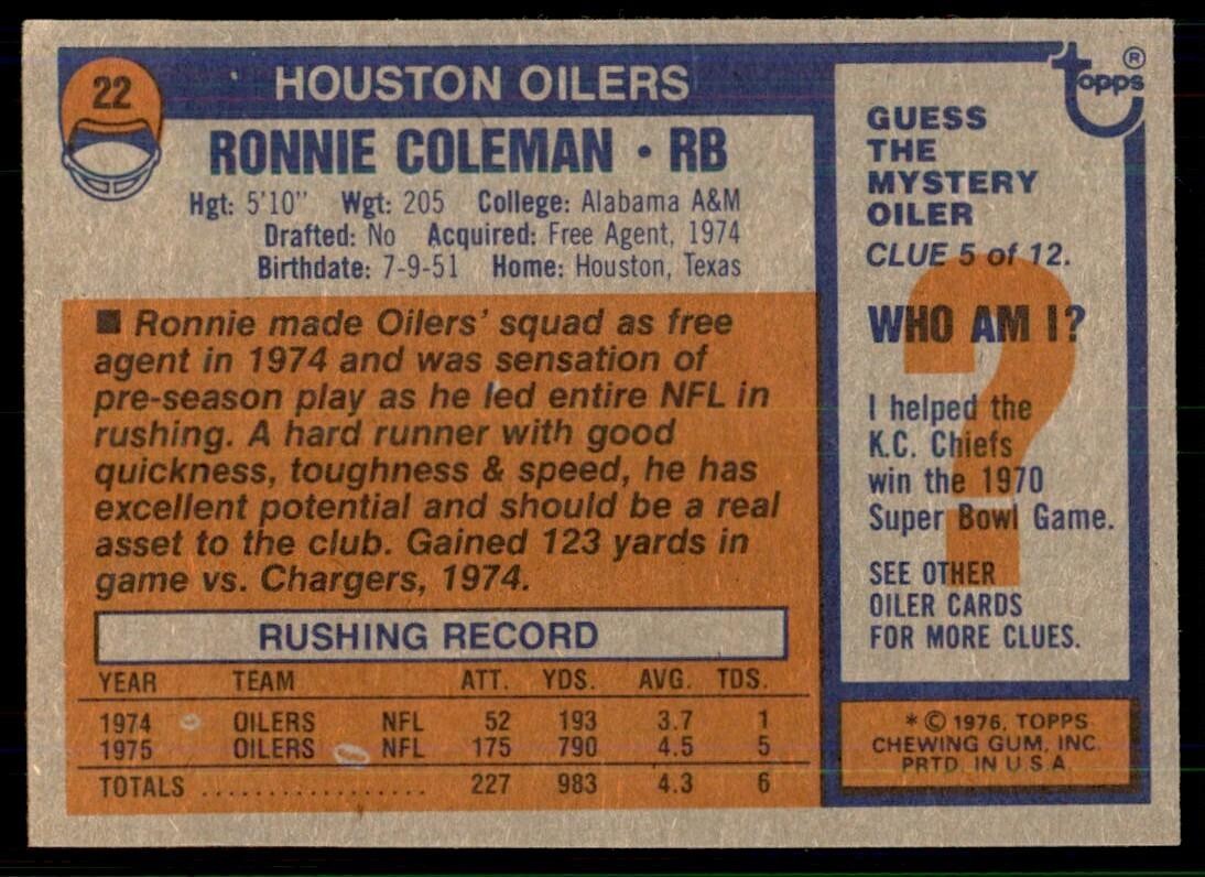 1976 Topps Ronnie Coleman Football Cards #22