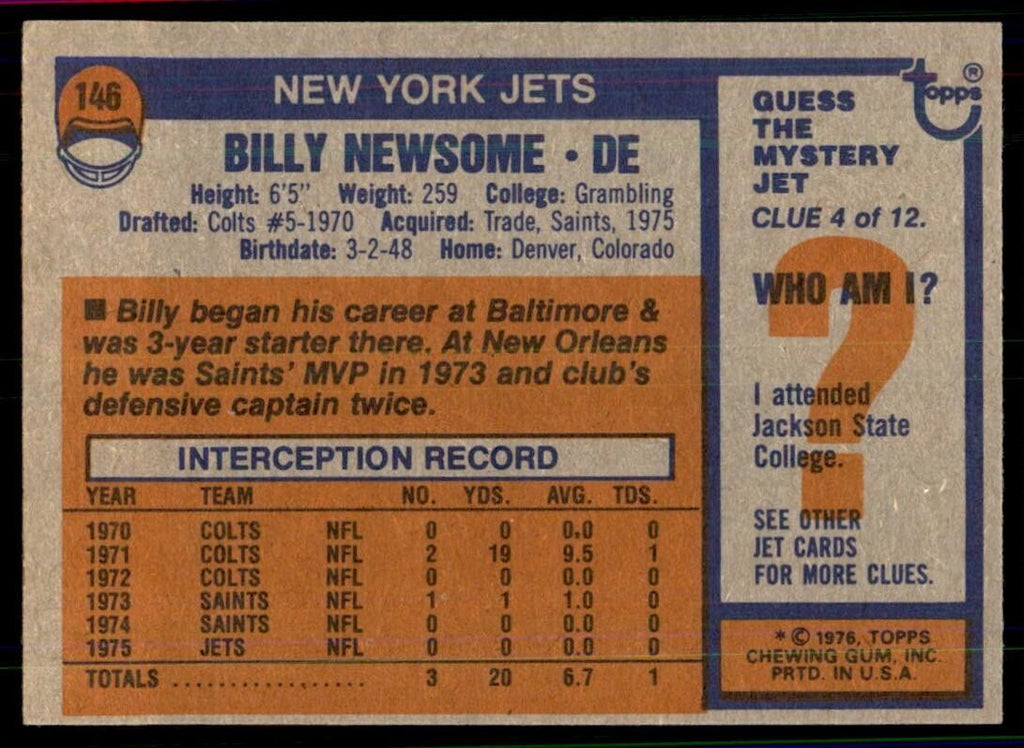 1976 Topps Billy Newsome Football Cards #146
