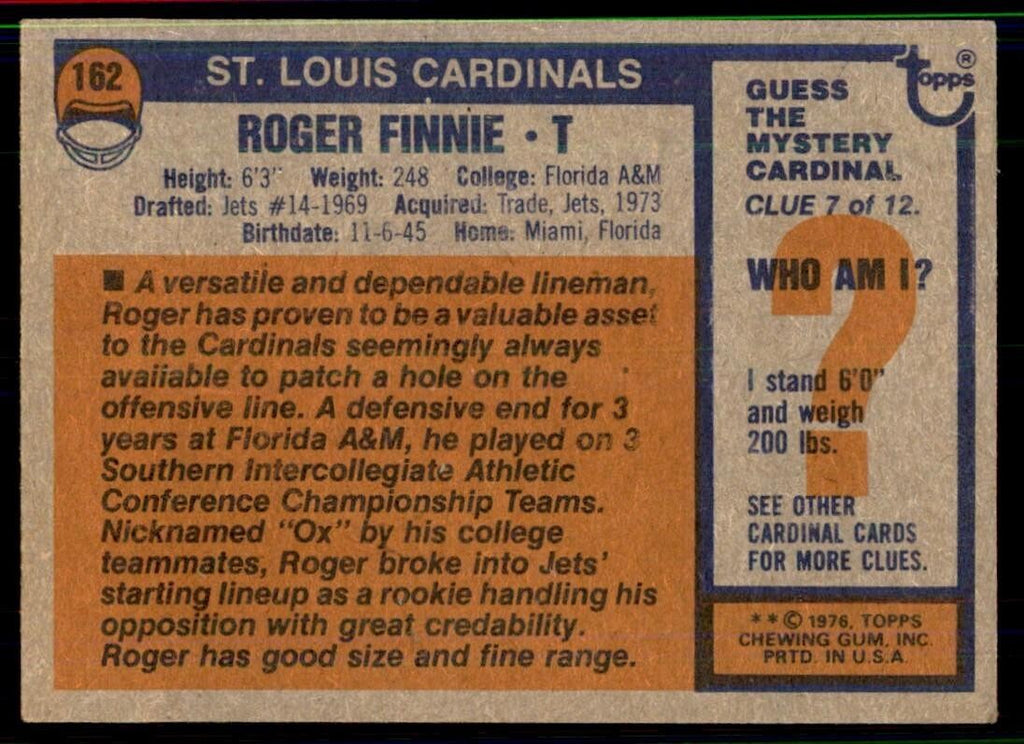 1976 Topps Roger Finnie Football Cards #162