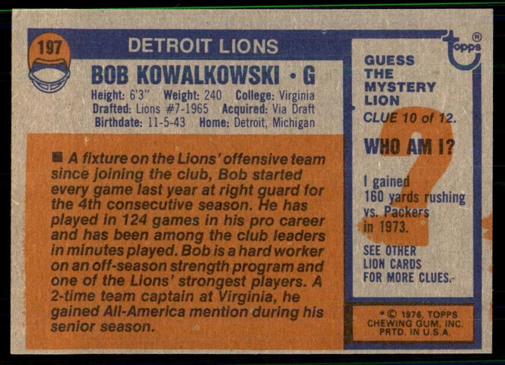 1976 Topps Bob Kowalkowski Football Cards #197
