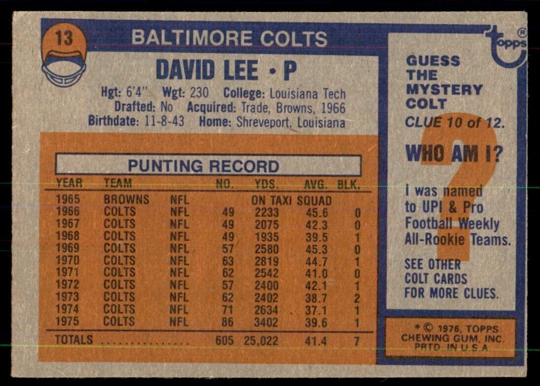 1976 Topps David Lee A Football Cards #13