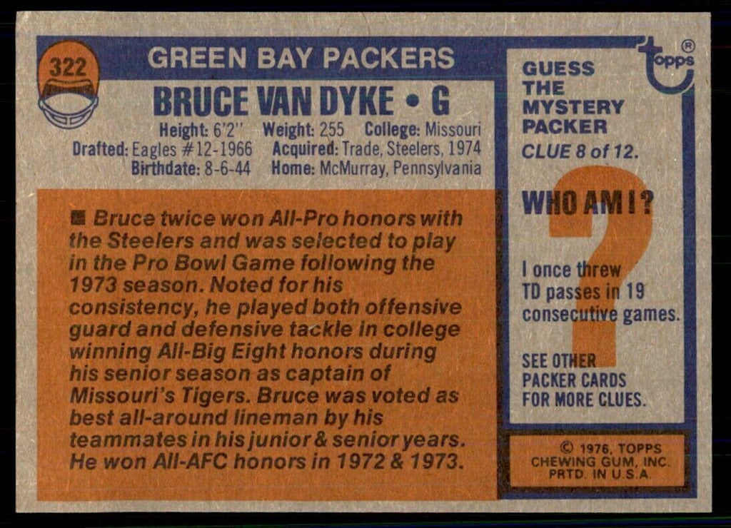 1976 Topps Bruce Van Dyke Football Cards #322
