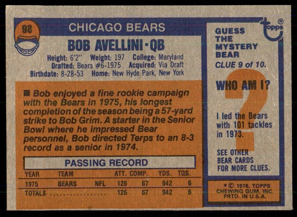 1976 Topps Bob Avellini A Football Cards #98